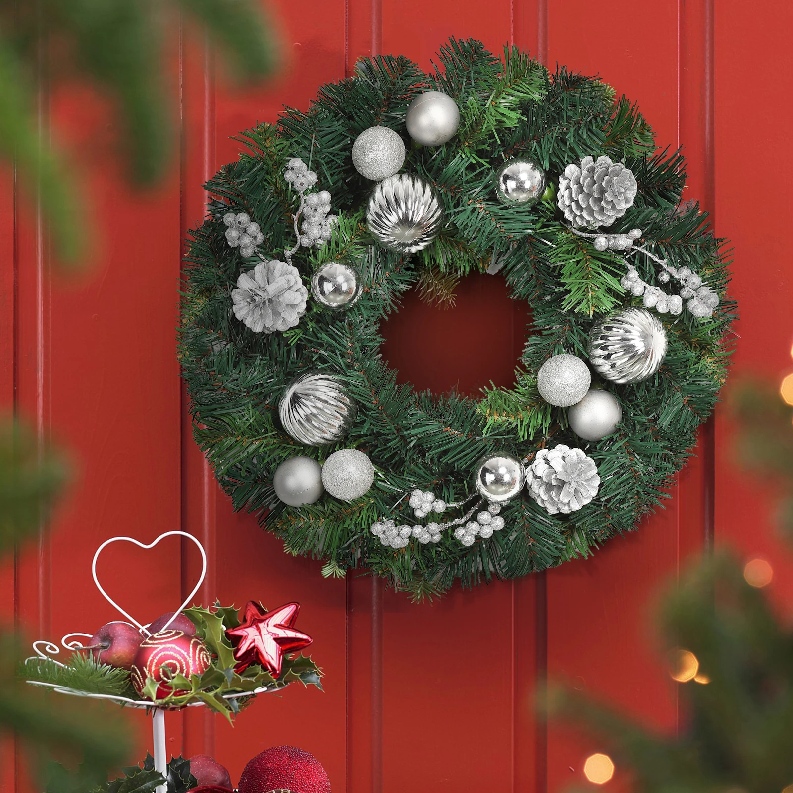 18 Inch Christmas Wreath for Front Door, Pre-lit Christmas Decoration with Silver Ball Ornaments for Christmas Wall Window Decor