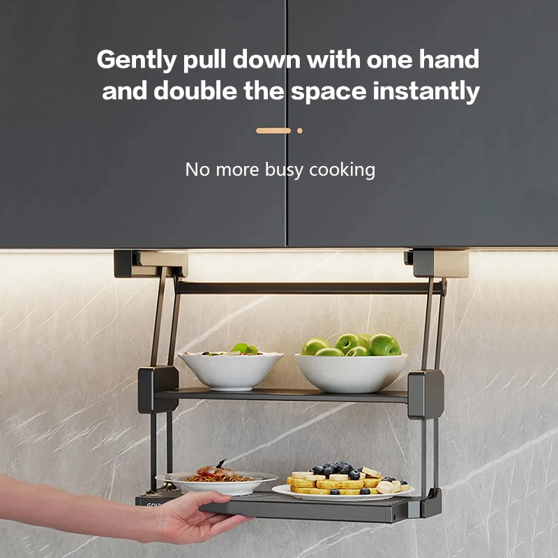 Wall Cabinet Folding Storage Rack Pull-Down Double-Layer Lifting Dish Preparation Seasoning Dish Storage Meal Preparation Rack