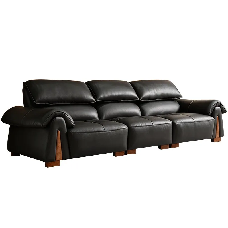 Italian modern medieval black leather sofa, three-person straight top leather sofa in the living room