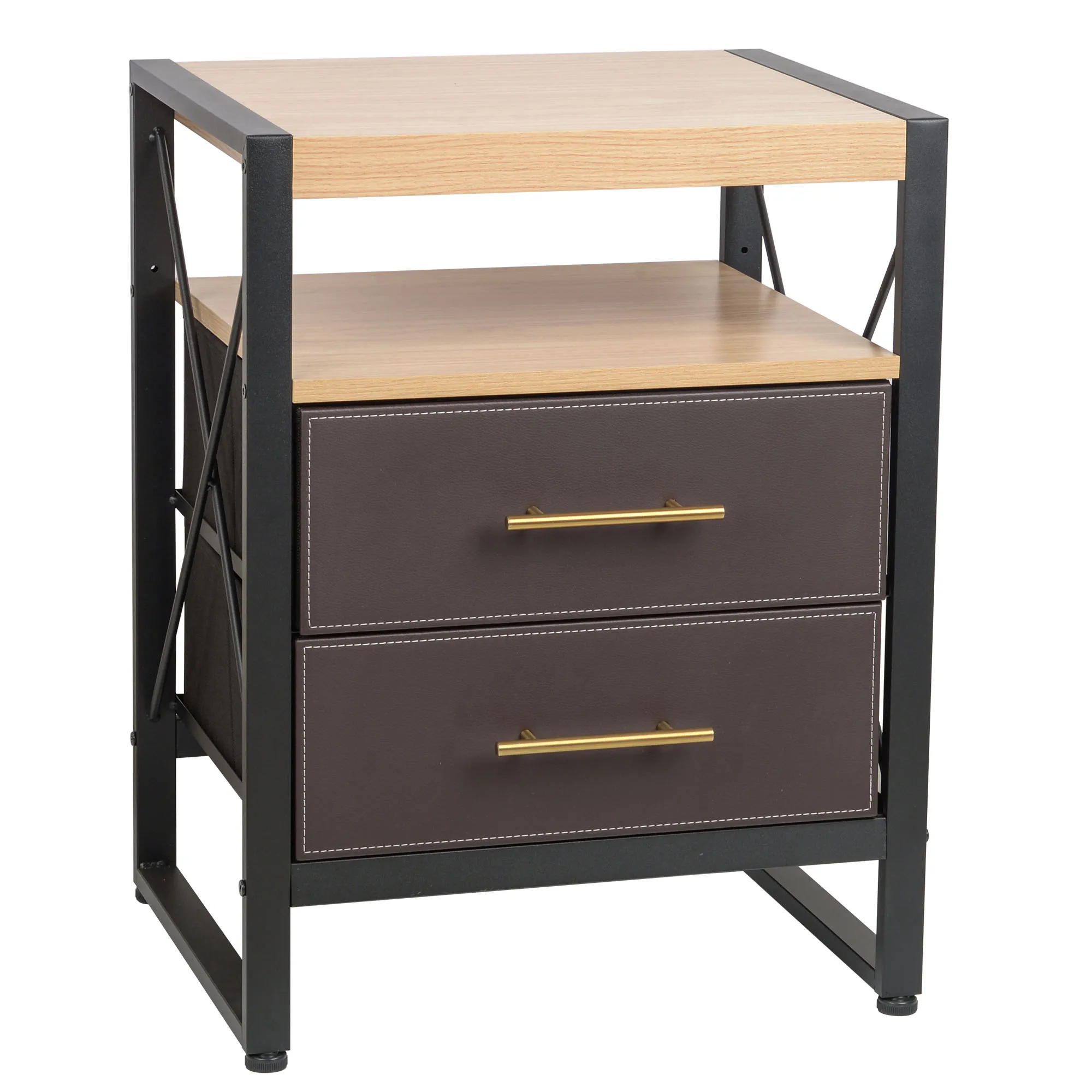 Nightstand with 2 Drawers & Removable Fabric Bins Bed Side Table for Bedroom Living Room Iron Frame Wood Top Gold Pull Handle