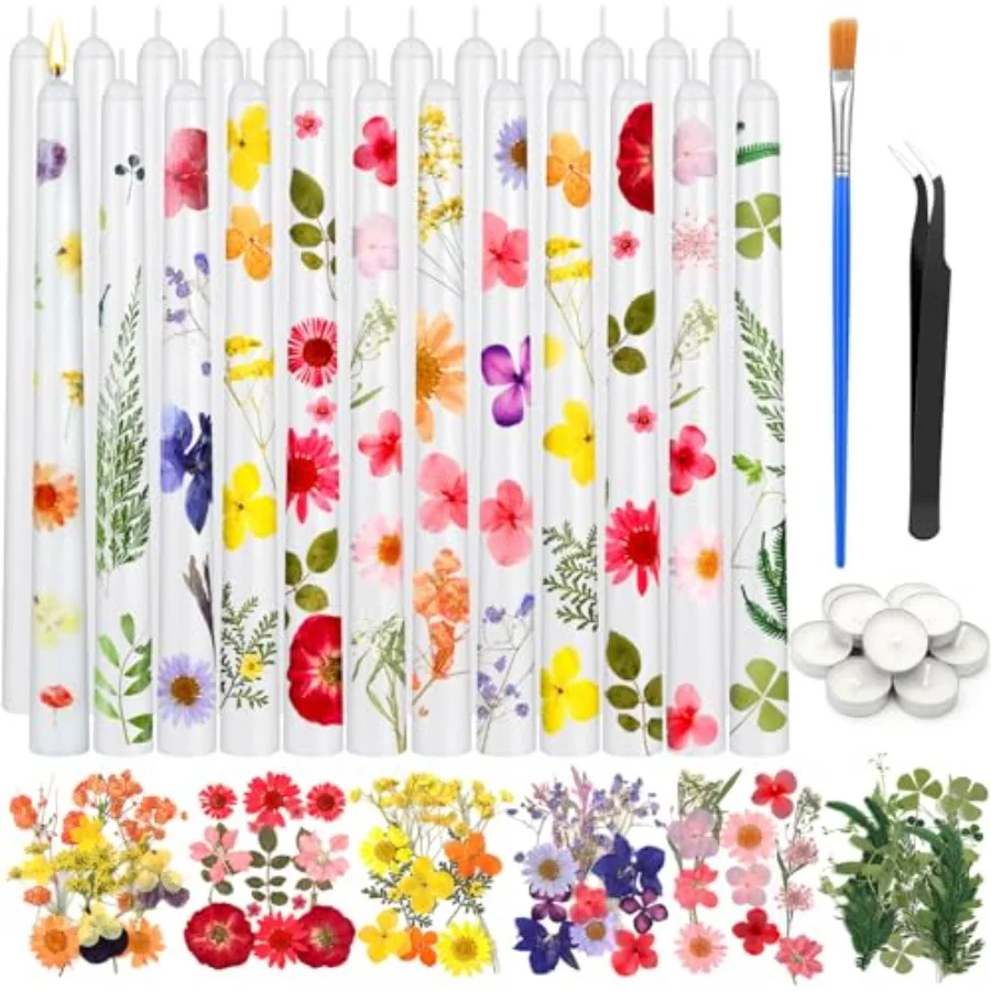 

30 Pack Pressed Flower Candles Making Kit 6 Set Dried Pressed Flowers 12 White Taper 10 White Tealight Candles with Tweezers Br