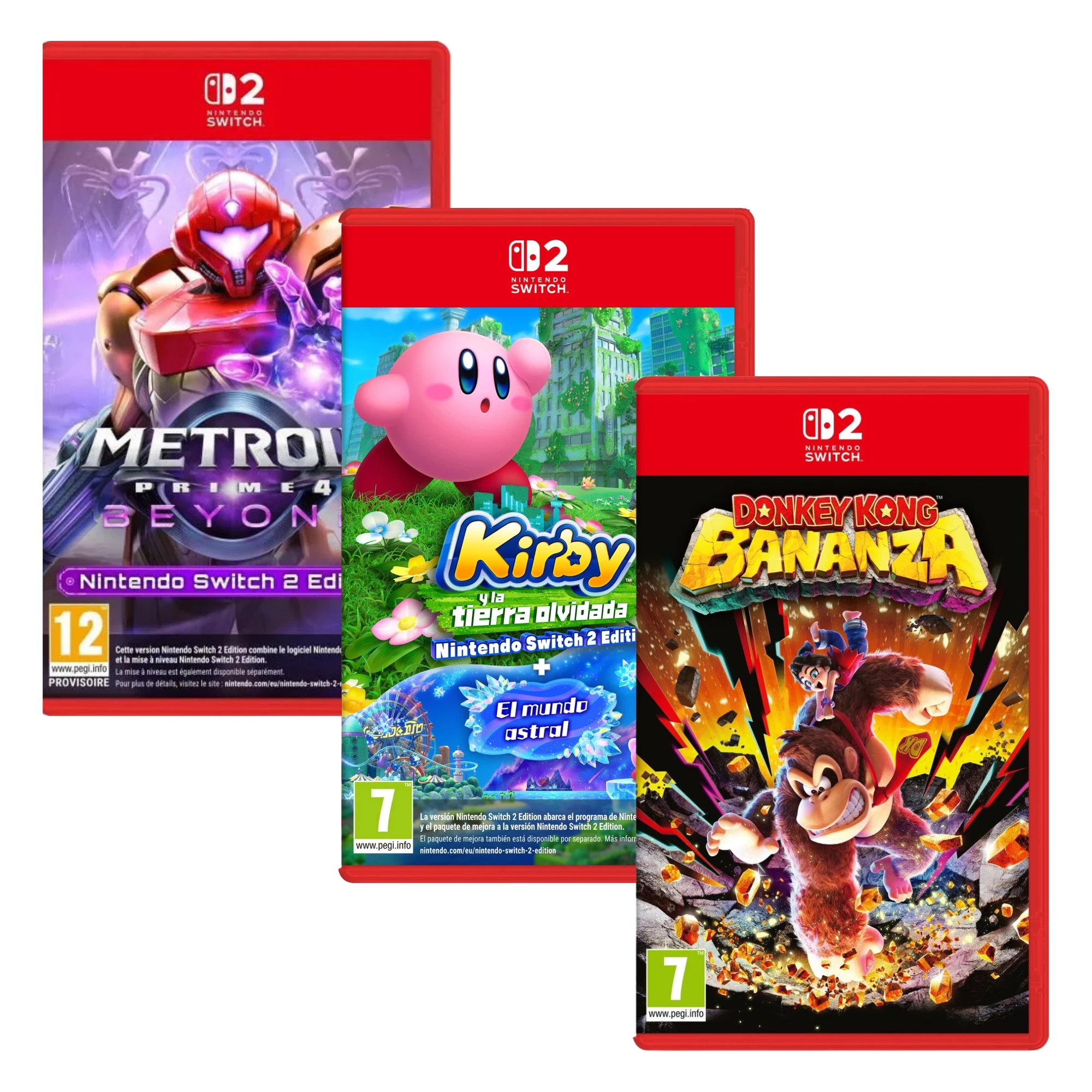 pack kirby y la tierra olvidada  donkey kong bananza  metroid prime 4 beyond - nintendo switch 2 - nuevo precintado - pal espana