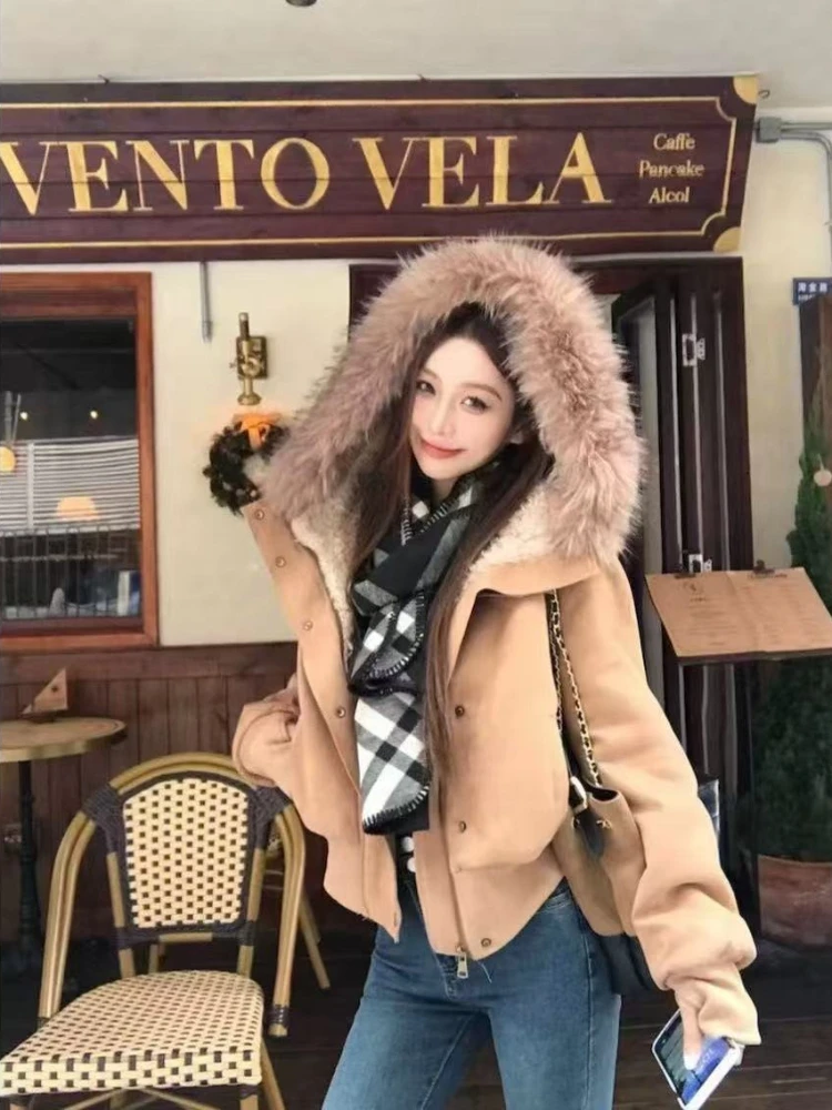 2026 Autumn Y2K American Vintage Women Faux Fur Parkas Cotton Padded Jacket Korean Fashion Warm Soft Casual Outwear Tops