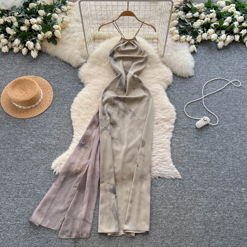 أنيقة خمر مثير الساتان طباعة عارية الذراعين الجنية فستان طويل المرأة بوهو فستان الشمس فساتين الحفل