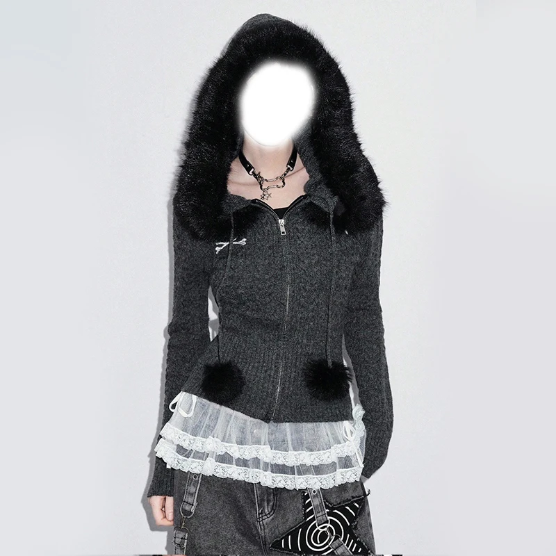سترة محبوكة مزخرفة بياقة من الفرو للسيدات من Tik Tok بأكمام طويلة ومطرزة غير رسمية Y2K للتنقل على الطراز القوطي للفتيات