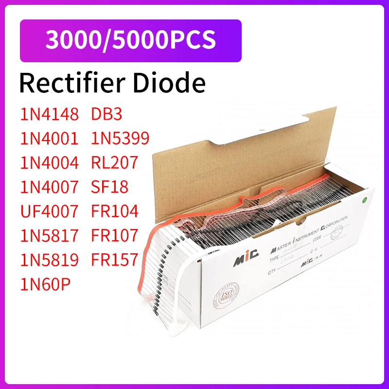 

3000 шт. 5000 шт. выпрямительный диод 1N4001 1N4004 1N4007 1N4148 UF4007 1N5817 1N5819 1N60P DB3 RL207 1N5399 SF18 FR104 FR107 FR157