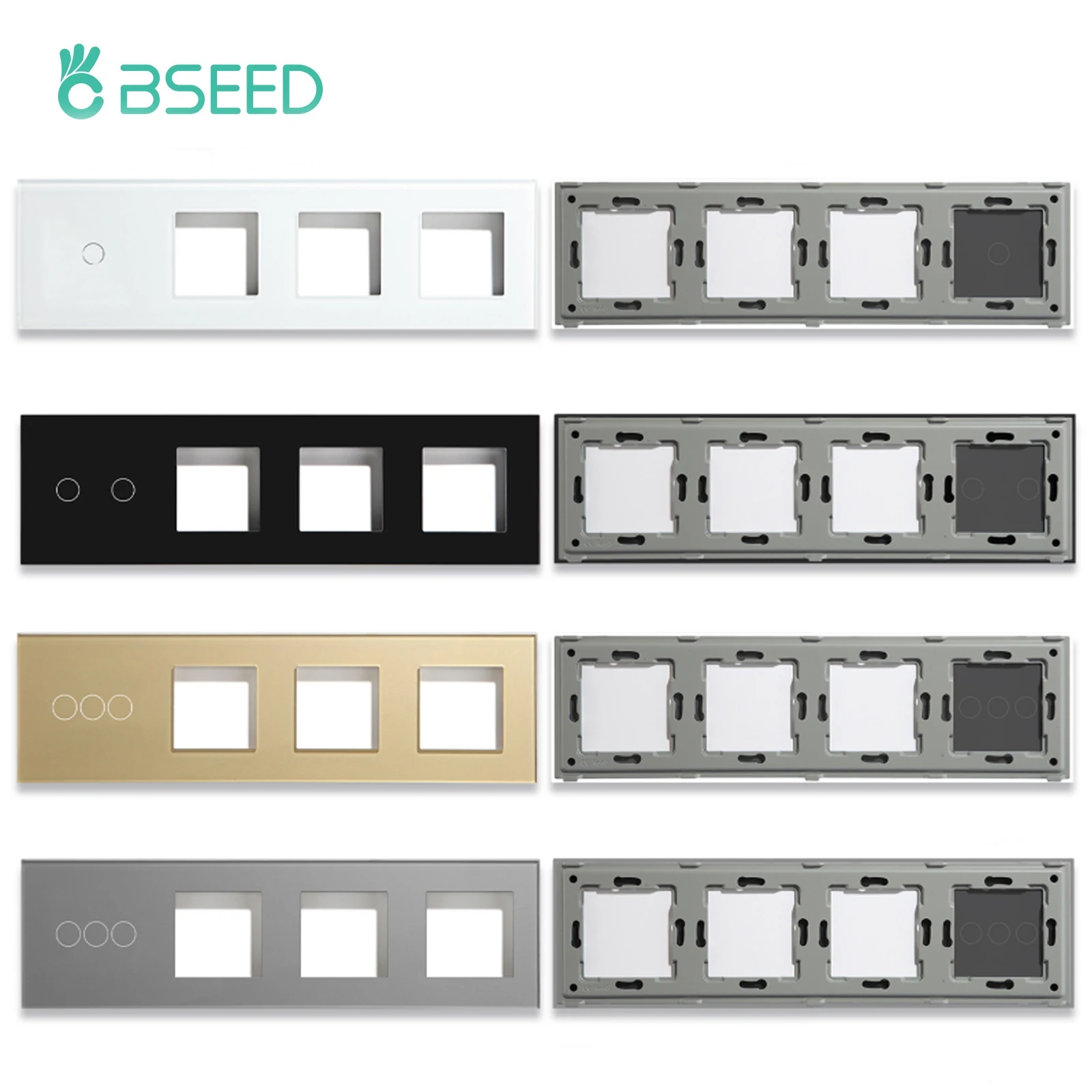 BSEED M1 Series EU Standard Wall Glass Panel Quadruple 1/2/3Gang Plus Frame Touch Switch Crystal Panel With Metal Frame DIY Part