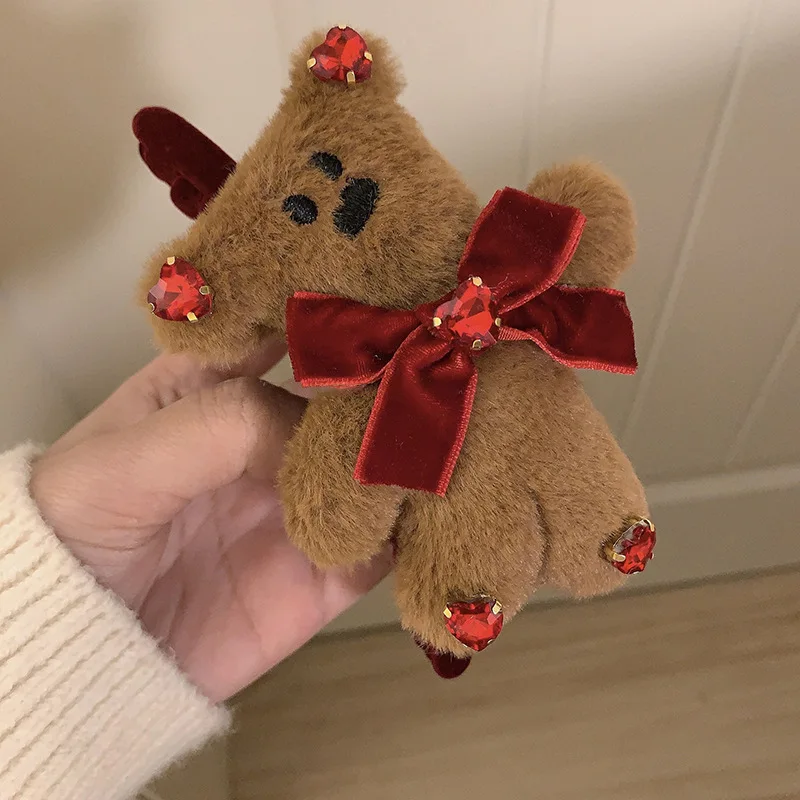 Red Bow-knot Lucky Bear Hair Clips Claws Hair Clamps for Women 2024 New Year Cute Brown Coffee Bear Plush Hair Claws Kids Gifts