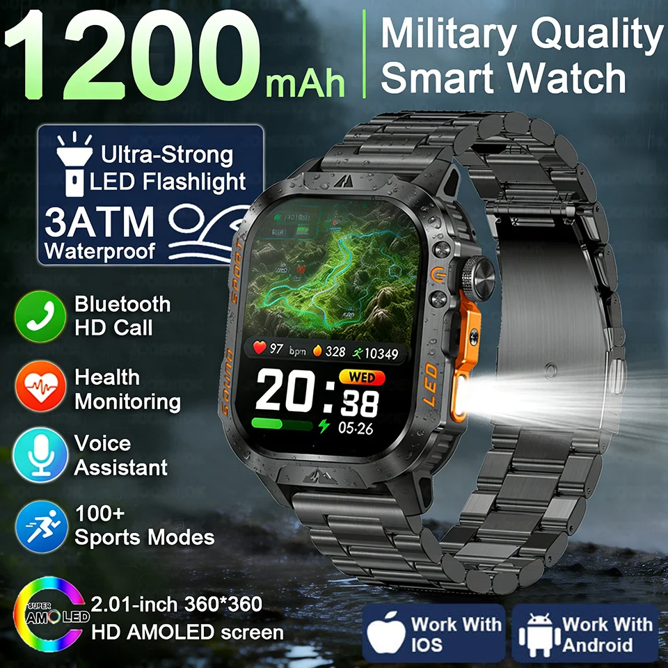 

2026 New Outdoor Sports SmartWatch 1000mAh Battery HD Call Waterproof Flashlight 2.01-Inch Screen Smartwatch Men For Android iOS