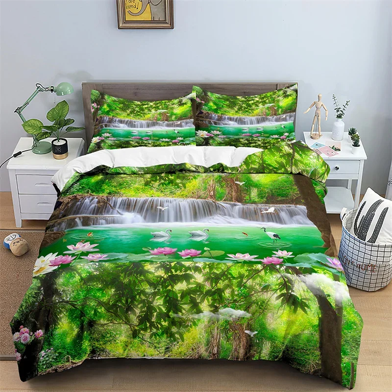 Natural Landscape Duvet Cover Set Single Twin King Waterfall Bedding Set Polyester Mountains River Comforter Cover For Boys Girl