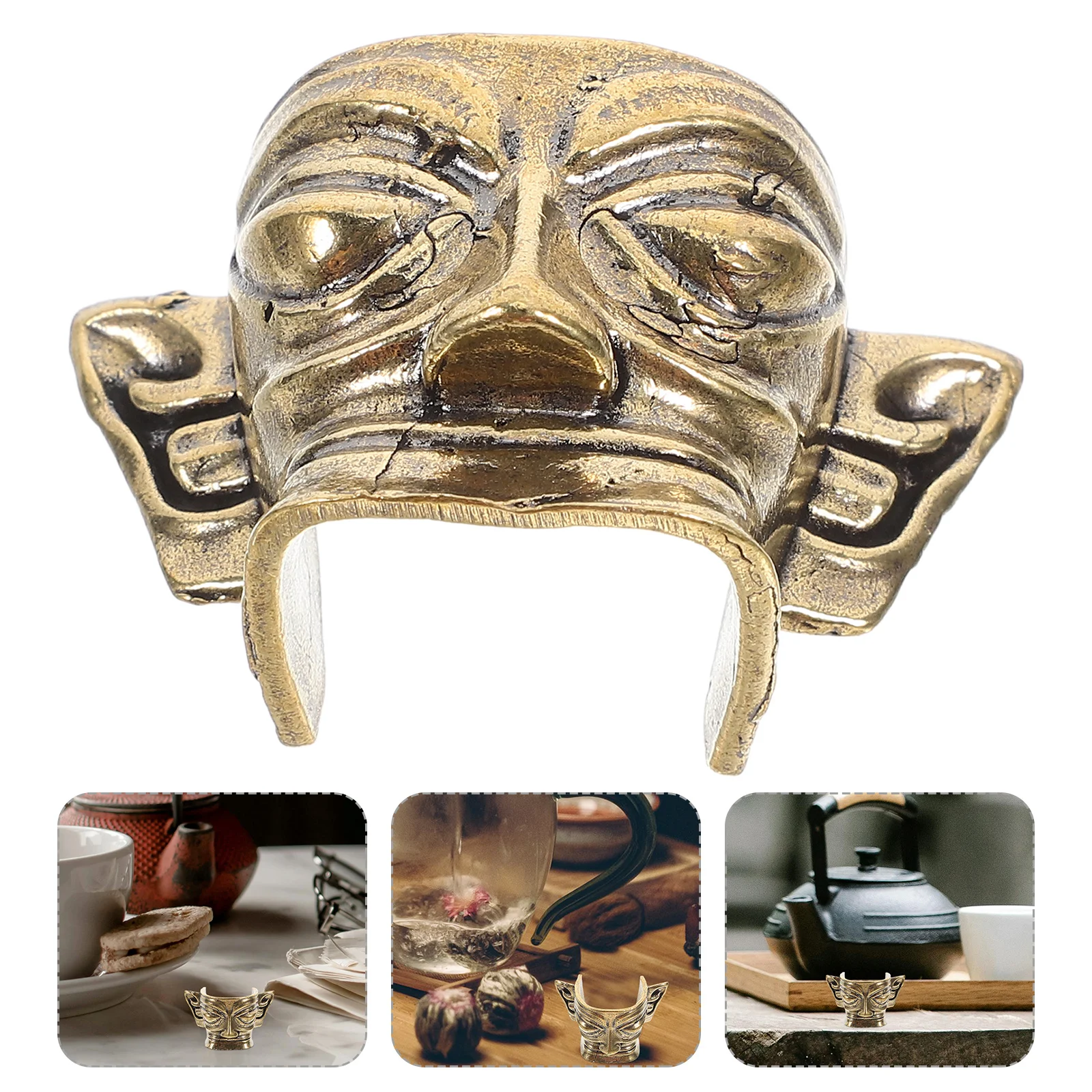 

Copper Sanxingdui Mask Brass Tea Table Ornament Copper Mask Decoration for Gongfu Tea Ceremony Accessories