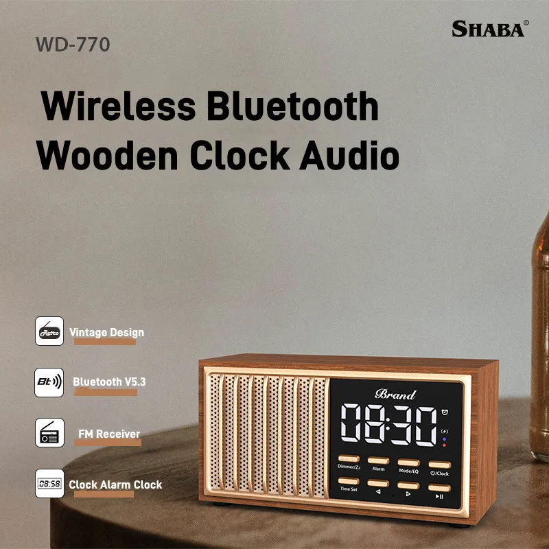 

Wooden Retro Design 4-in-1 Wireless Charger BT Speaker Hi-Fi Sound Quality DAB+ FM Digital Radio with Alarm Clock TF Card USB FM