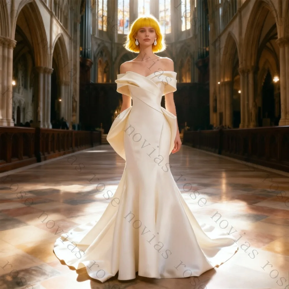 Customized Off Shoulder Satin Mermaid Back Zip Court Train Wedding Dress with Bow Detail for Elegant Church Ceremony Bridal Gown