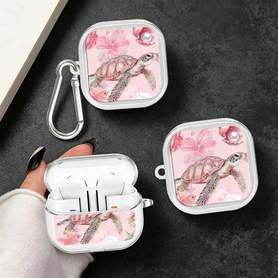 Clear Earphone Cases Cover With Hook Case For Redmi Buds 5 7 8Active 6 Pro 6Active 8 Lite Pink Sea Turtle Print