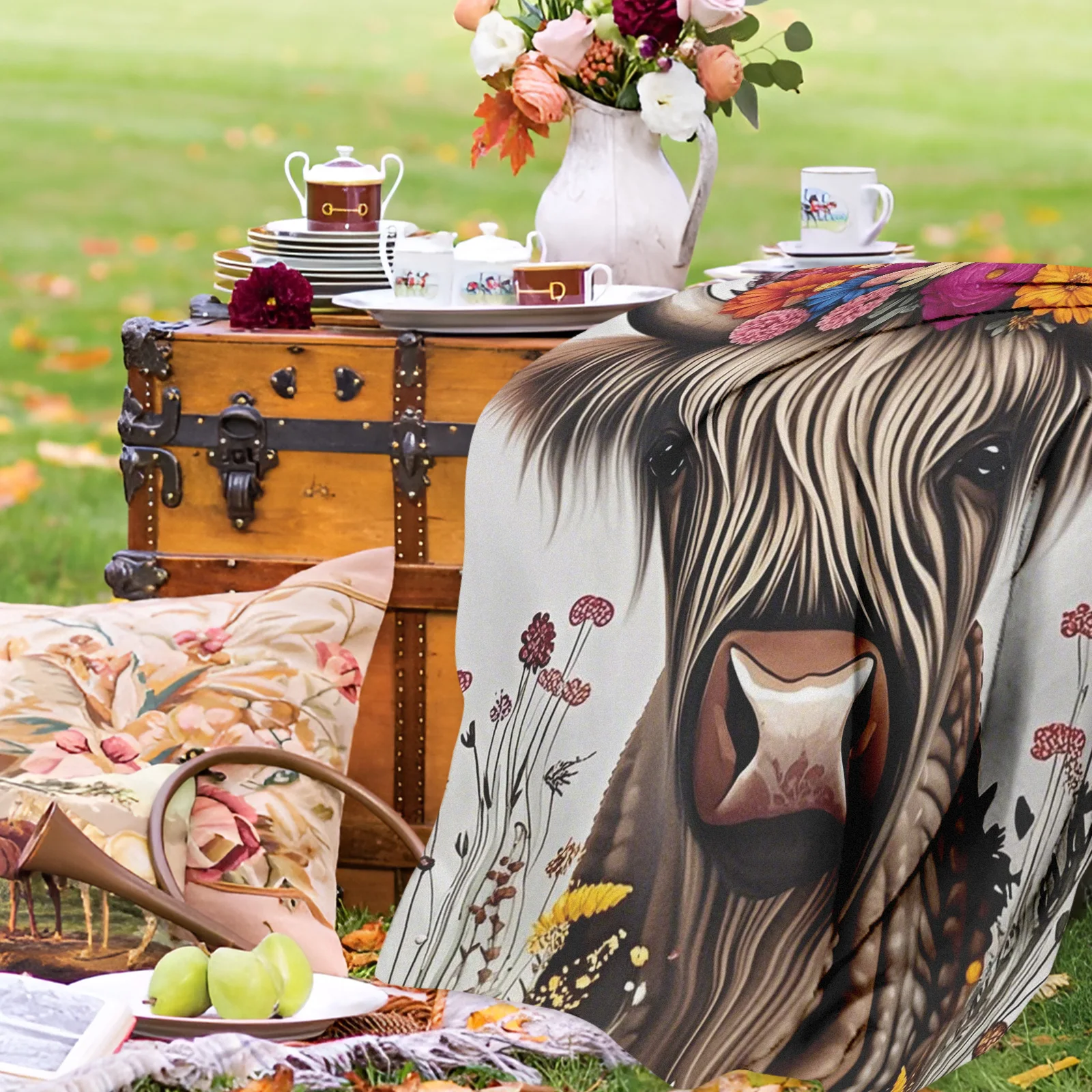 Manta exterior floral y de vaca de las tierras altas con fondo blanco y diseño de dibujos animados para picnics y relajación en la naturaleza