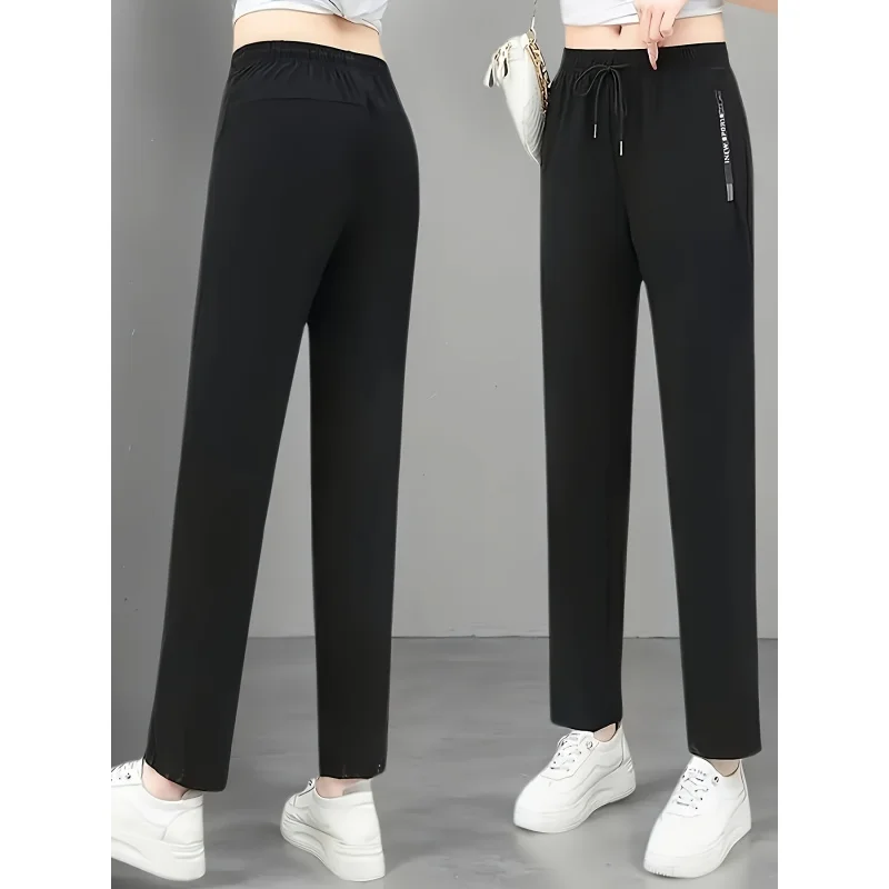 Summer High-elastic Straight Ice Silk Pants Elastic Waist Drawstring Outdoor Casual Cool Quick-drying Zipper Pocket Women Pants image 2