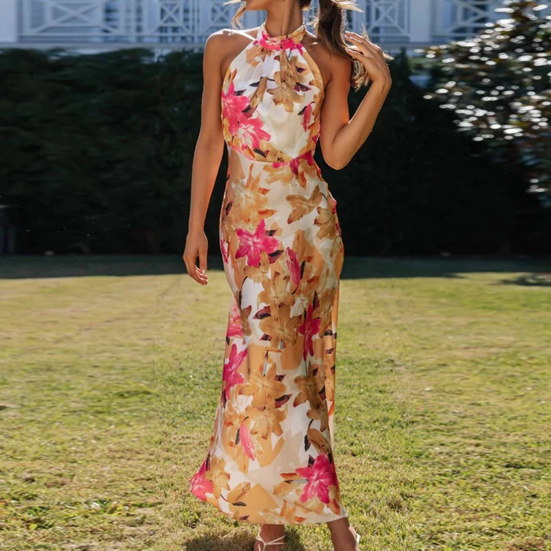 Vestido largo con estampado de flores para mujer, vestido elegante sin mangas de cintura alta, vestidos de fiesta Bohe, vestido Sexy ajustado con cordones y cuello Halter para vacaciones