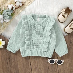 BeQeuewll Winter Warm Baby Girls Sweater Knitted Long Sleeve Crew Neck Frills Solid Kids Pullover Tops Jumper Infant Clothes