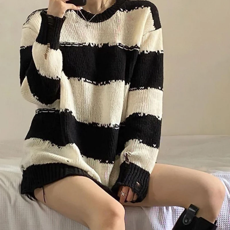 Striped Loose Sweater Knit Pullover Women Long Sleeve Top Hole Gothic American Street Style Korean Fashion Jumper Vintage Autumn