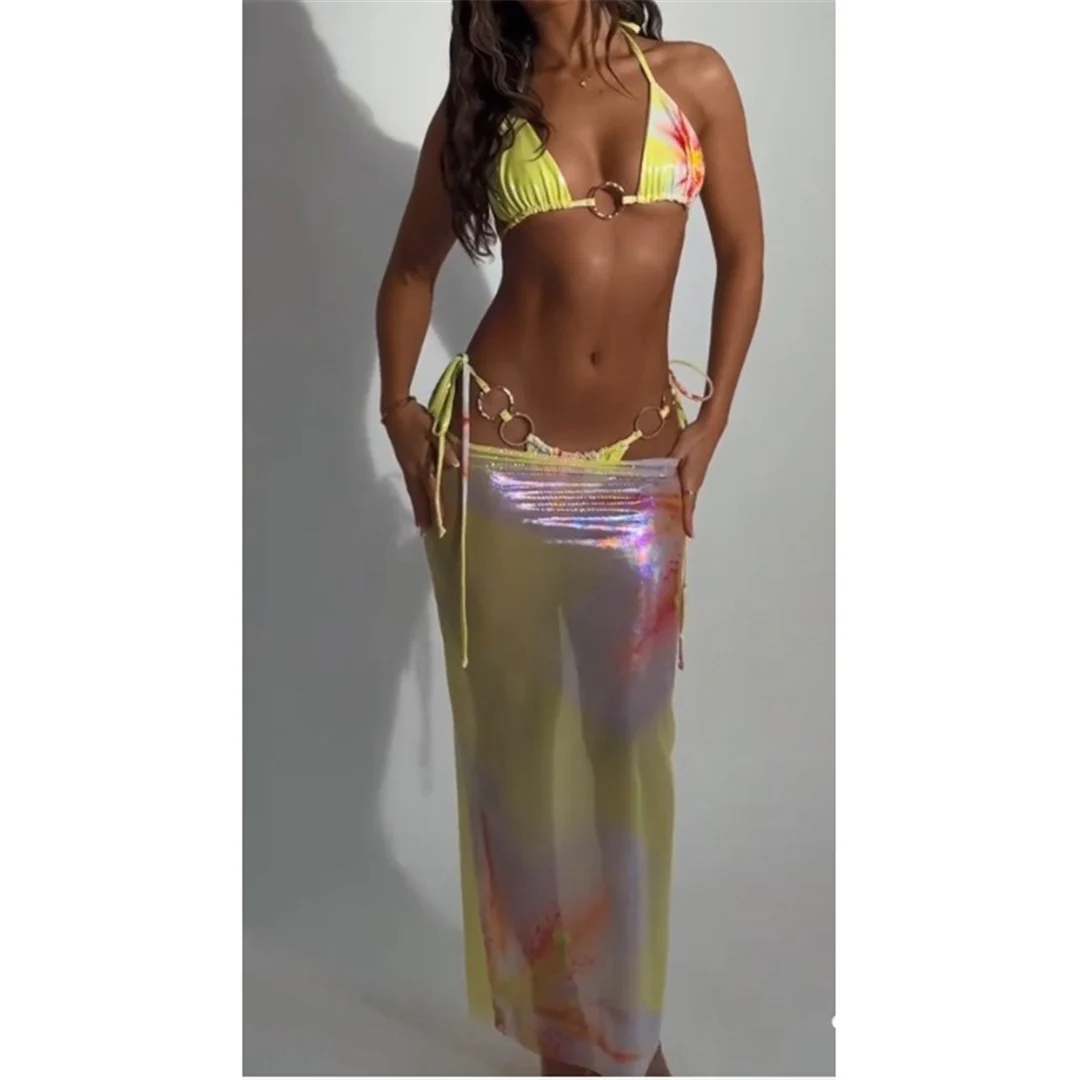 Blumenmuster mit Rock, Neckholder-Bikini, Damen-Badebekleidung, dreiteiliges Bikini-Set, Badeanzug, Badebekleidung, Schwimmbekleidung V6850 – Detail 12