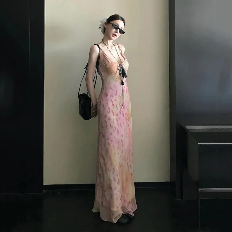 เซ็กซี่พิมพ์ Camis ชุดผู้หญิงเกาหลีแฟชั่น Slim ดอกไม้สปาเก็ตตี้ฤดูร้อน Retro Harajuku แขนกุดพรรค Vestidos