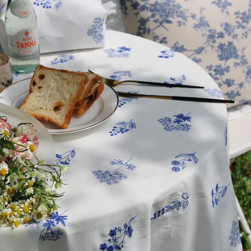 

White Tablecloth with blue Embroidery Pure Cotton Dining Table Coffee Table Cover French Country Style Lotus Leaf Edge Fabric