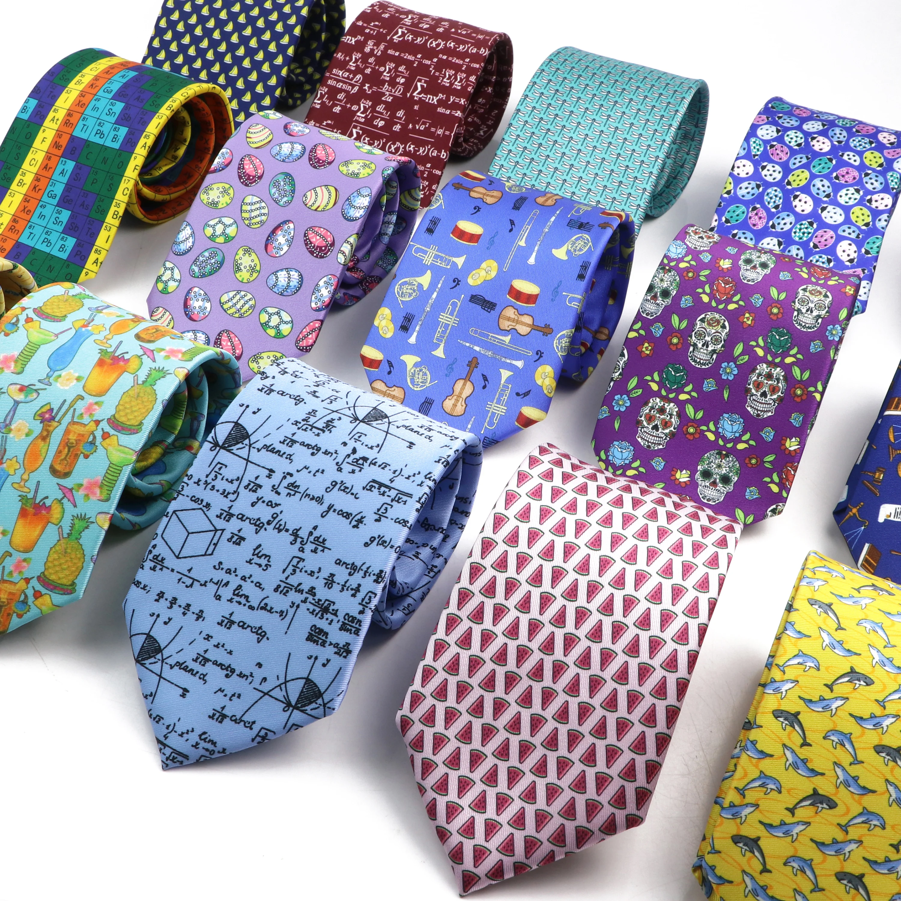 New Design Novelty Mens Ties Super Soft Cartoon Print Silk Ties Skull  Animal Formula Pattern Necktie For Men Wedding Party Gift