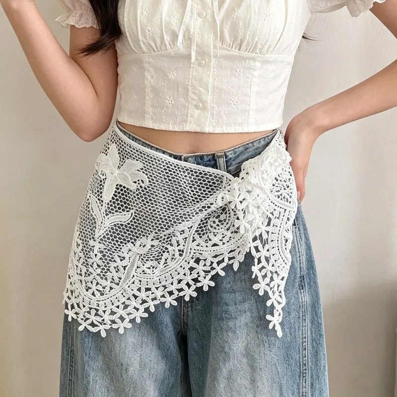 Elegant White Lace Embroidery Flower Triangle Scarf Multifunctional Mesh Skirt Hip Wrap Tummy Cover for Women High Quality Daily
