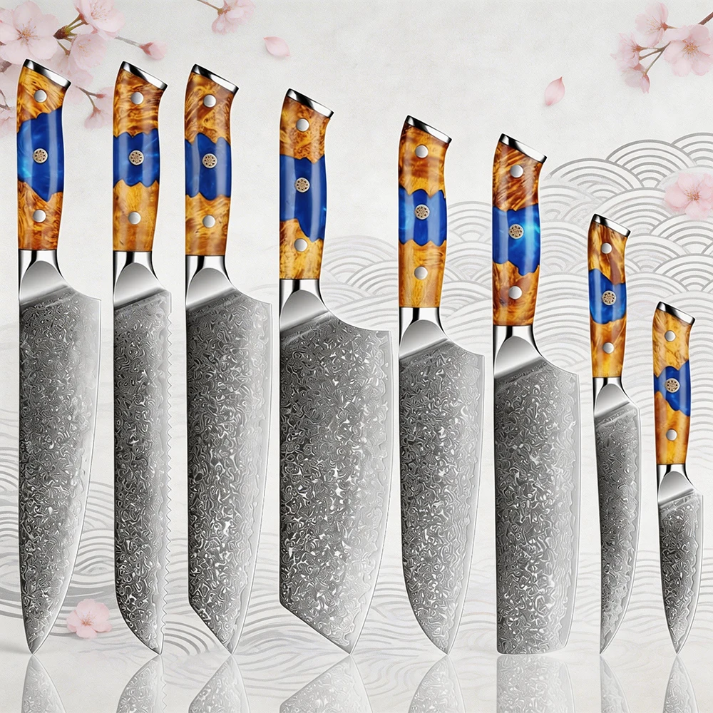 

XITUO Damascus Steel Kitchen Knife Set, Japanese VG10 Core Blade, 1-8 PCS Chef Knives, Includes Santoku, Nakiri, Bread, Slicing