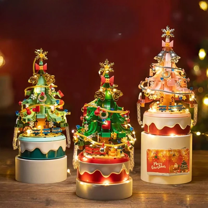 Christmas Building Block Christmas Gift Music Box Rotating Music Box Girls Assembled Toys Children Puzzle