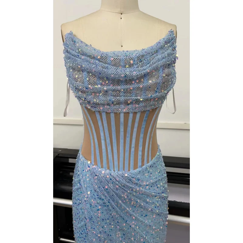 Robe bleue glacée à paillettes scintillantes, Sexy, transparente, sans bretelles, fente, pour Socialite, fête d'anniversaire, robe de soirée, nouvelle collection 2025