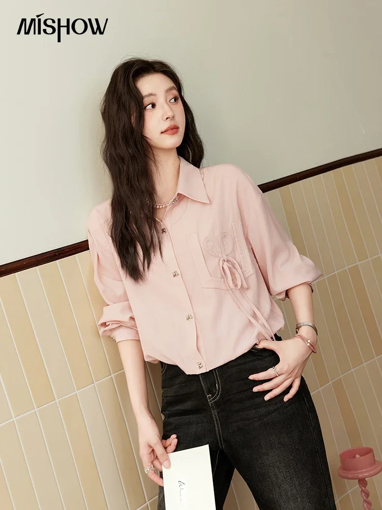 MISHOW Love Bow Lapel Shirt 2024 Autumn Placket Metal Butterfly Button Top Versatile Drop Sleeve Solid Commute Shirts MXD44C0335