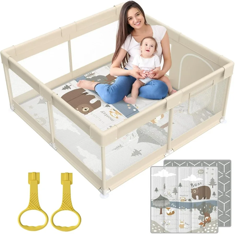 Baby Playpen with Mat Small Baby Play Pen 47x47inch Playpen for Babies and Toddler (47×47inch Beige with mat)