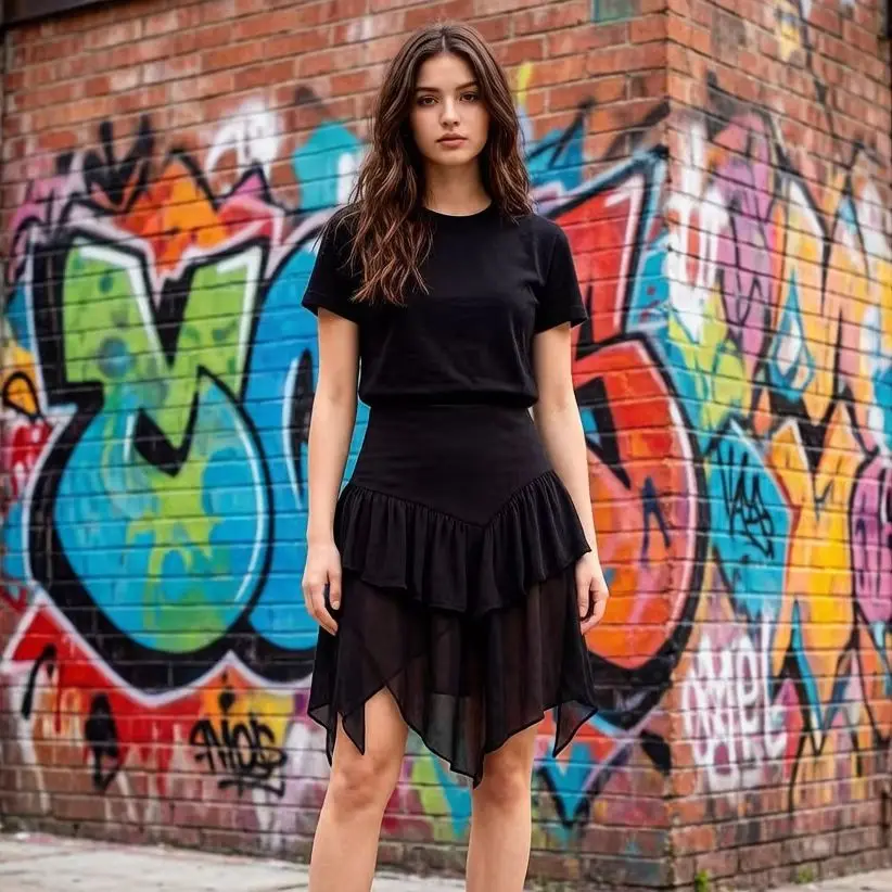 

Black High Waisted Asymmetric Tiered Ruffle Chiffon Skirt | Streetwear Mini Skirt for Women | Edgy Casual Summer Skirt with Laye