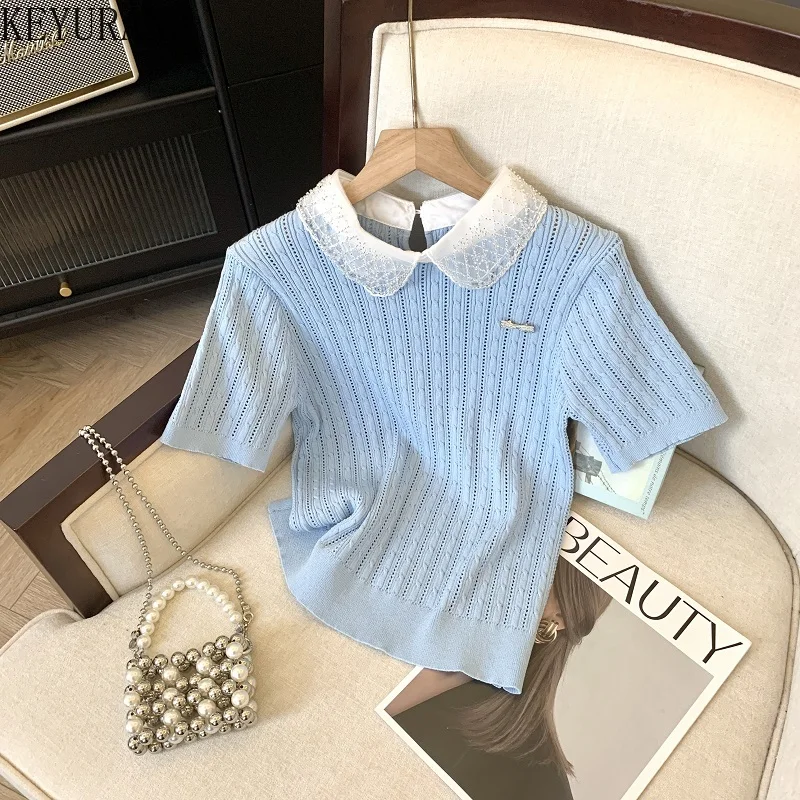 2024 Spring/Summer Short Sleeve Sweater Women Knit T-shirts Gentle Lace Peter Pan Collar Slim Fit Pullover Knitwear Crop Tops