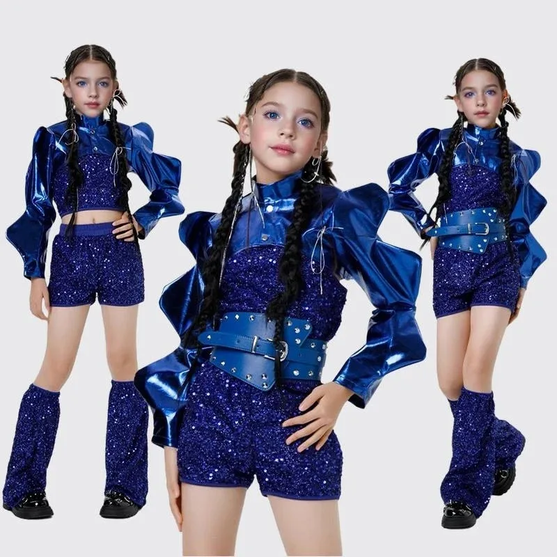 Kid Street Dance Costume Jazz Clothing Blue Sequins Kpop Outfit For Girls Hip Hop Dance Clothes Stage Catwalk Rave Wear XS9031