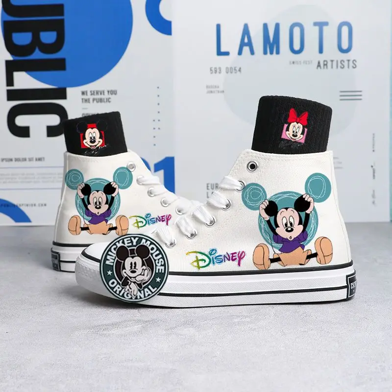 Disney Mickey Mouse Sepatu Kanvas Lucu Kawaii Kartun Sepatu Pola Sneakers Modis Kasual Olahraga Sepatu Kanvas Tinggi dan Rendah