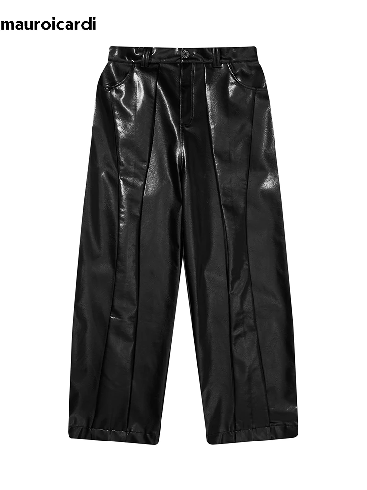 Mauroicardi Spring Autumn Long Loose Casual Baggy Black Shiny Reflective Patent Pu Leather Pants Men Wide Leg Trousers Fashions