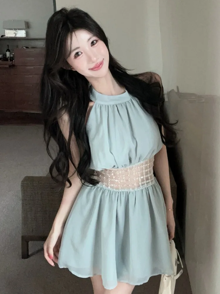 

Summer New Style Women's Pure Desire Heavy Bead Necklace Dress A-Line Short Skirt Pleated Slimming Holiday Wind Korean Version