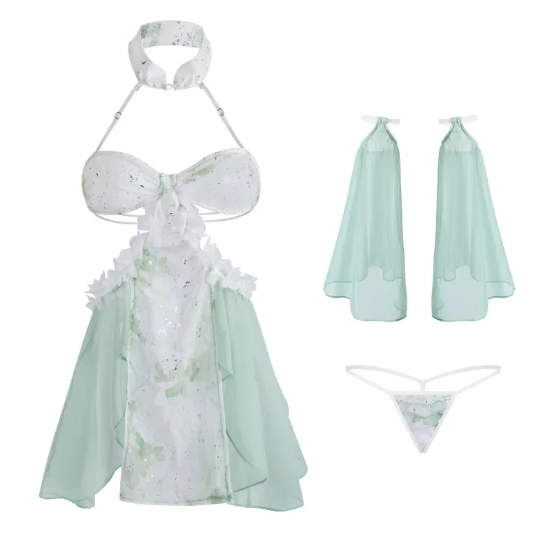 セクシーなスプリットチャイナスカートシースルー韓服女性ポルノセット中国改善伝統的なドレスエキゾチックな魅力の衣装グリーン 2025