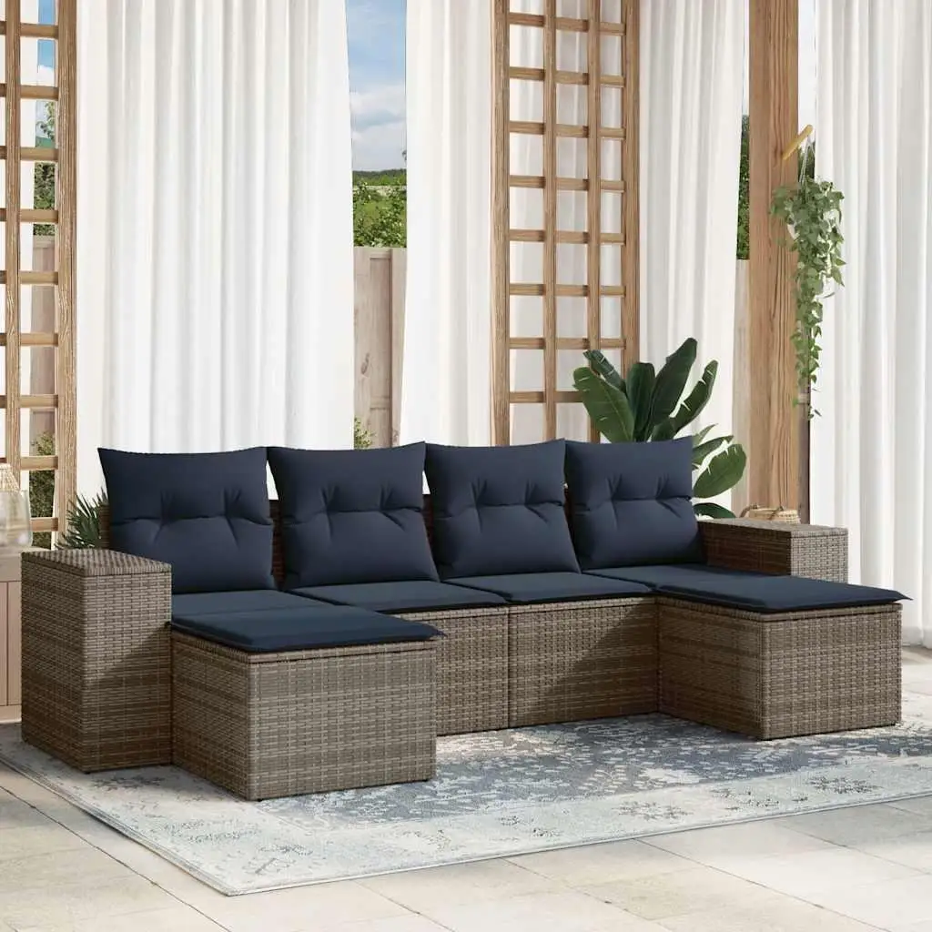 

Comfortable 6 Piece Gray Poly Rattan Patio Sofa Set with Cushions Outdoor Furniture