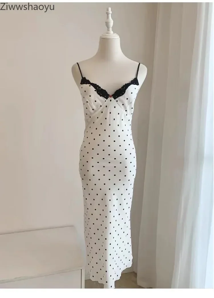 

High Quality Autumn Women Fashion Runway Designer 100% Silk Lace Stitching Strapless Polka Dot Print Slim Sexy Split Midi Dress