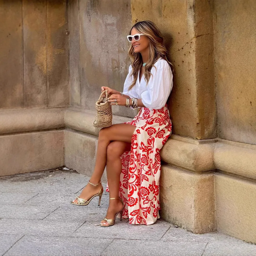Fashion Bohemian Style Flower Print Skirt Women Sexy Slit High Waist Long Skirts Female Spring Summer Vacation Beachwear 2025