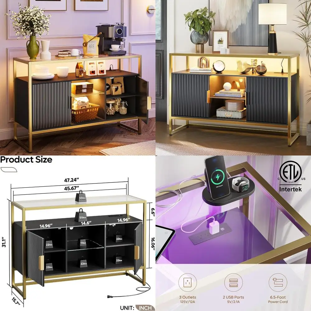 LED-Illuminated Glass Shelf Buffet Cabinet with Power Outlet, 47-Inch Sideboard Storage, Fluted Design