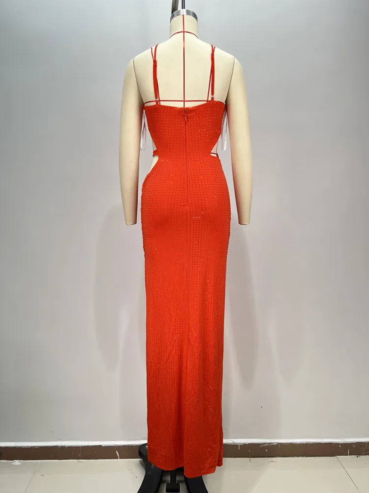 Women Sexy Sleeveless Cut Out Orange Diamonds Maxi Long Bodycon Dress 2024 Party Evening Stage Performance Vestido Brand