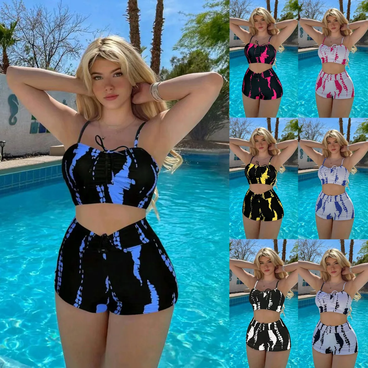 

Cross-Border High-Waist Dstring Bikini Swimsuit Women's Conservative Top Bot Separate Swimwear ular Sle