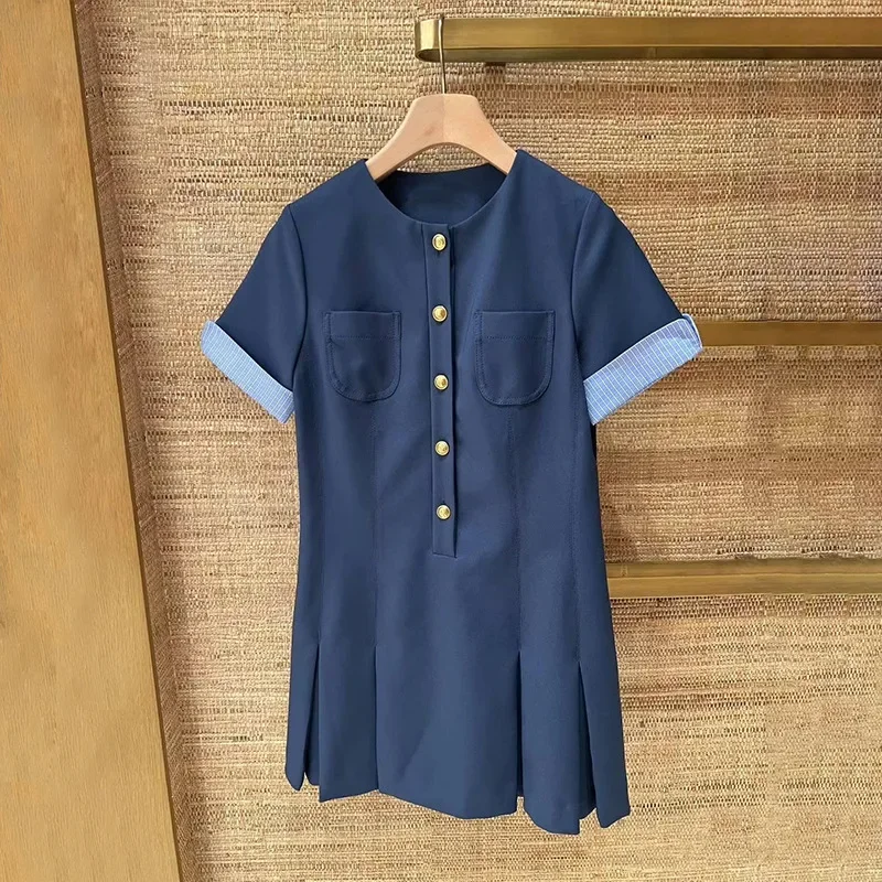 

Женское платье с круглым вырезом и короткими рукавами, однобортное мини-платье с металлическими пуговицами в стиле пэчворк, вечернее платье