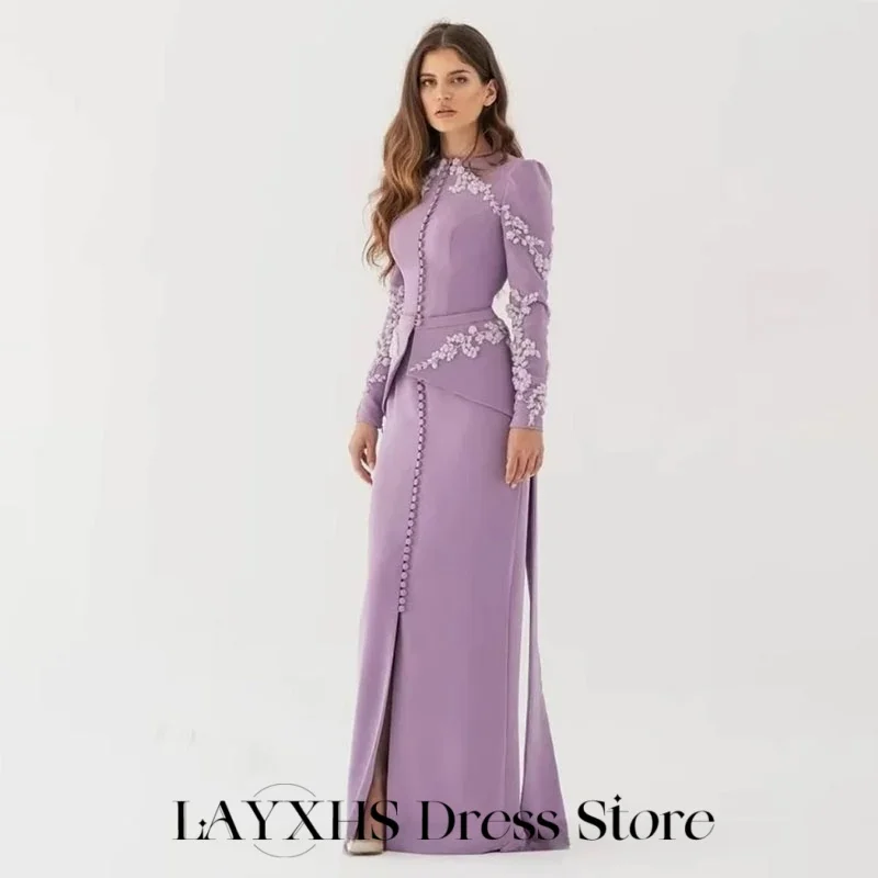 LAYXHS Luxuriöse lila Dubai-formale Abendkleider, O-Ausschnitt, lange Ärmel, Knopfapplikation, Schlitz, Ballkleider, maßgeschneidert