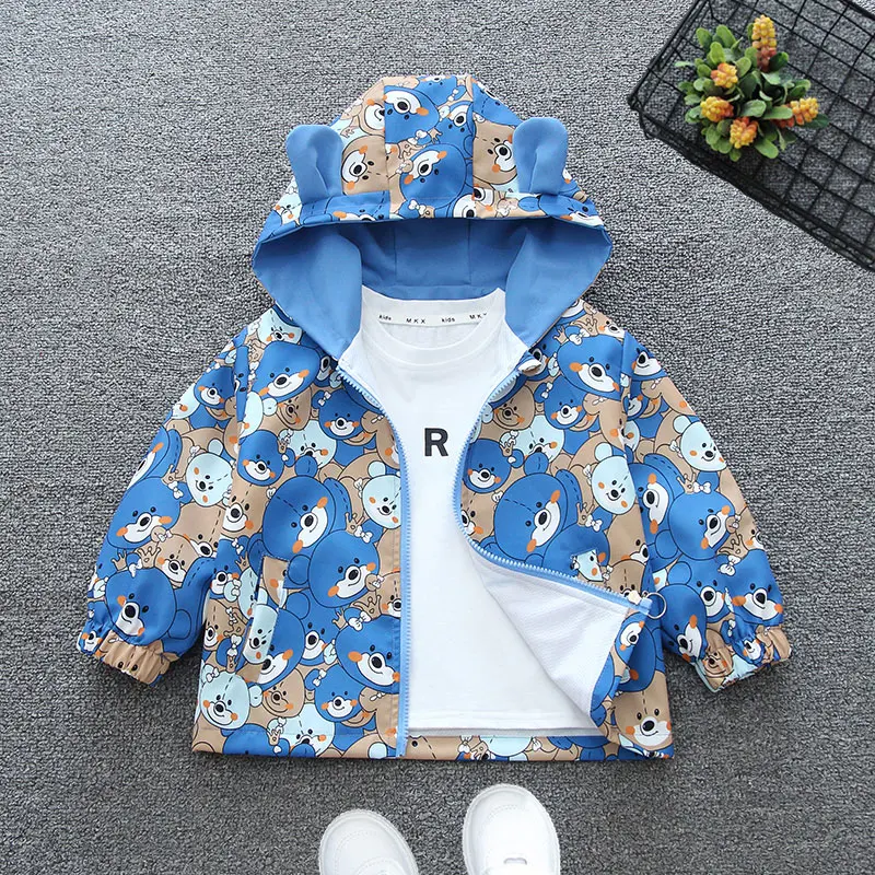 2024 Spring and Autumn Boys and Children\'s Leisure Print Little Bear Pocket Hooded Zipper Coat Children\'s Clothing 1-8Y