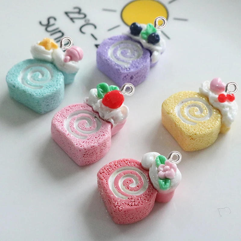 10Pcs Simulation Flower Cake Roll Resin Pendant DIY Keychain Make Floating Accessories Cute Earring Bracelet Jewelry Charm Ring